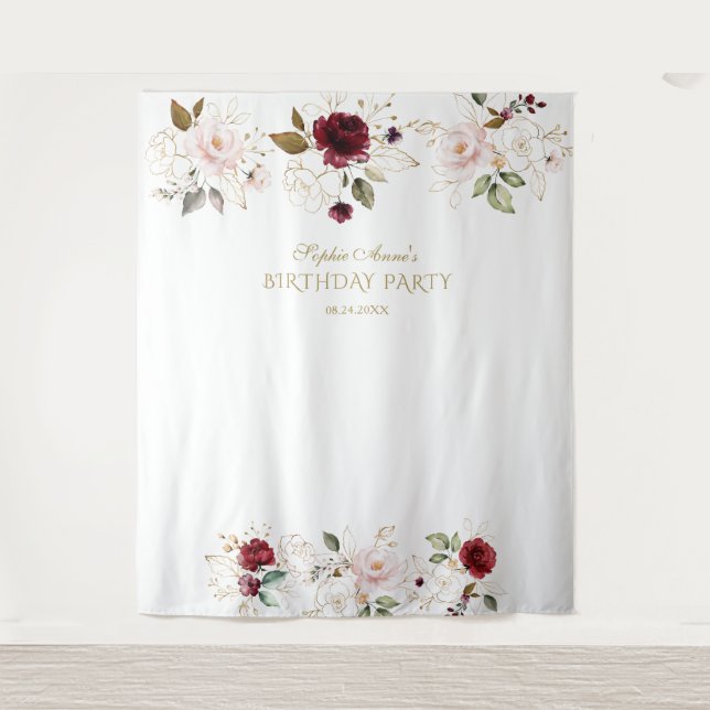 Tapete De Parede Blush Burgundy Foto Floral Dourada Booth (Frente)