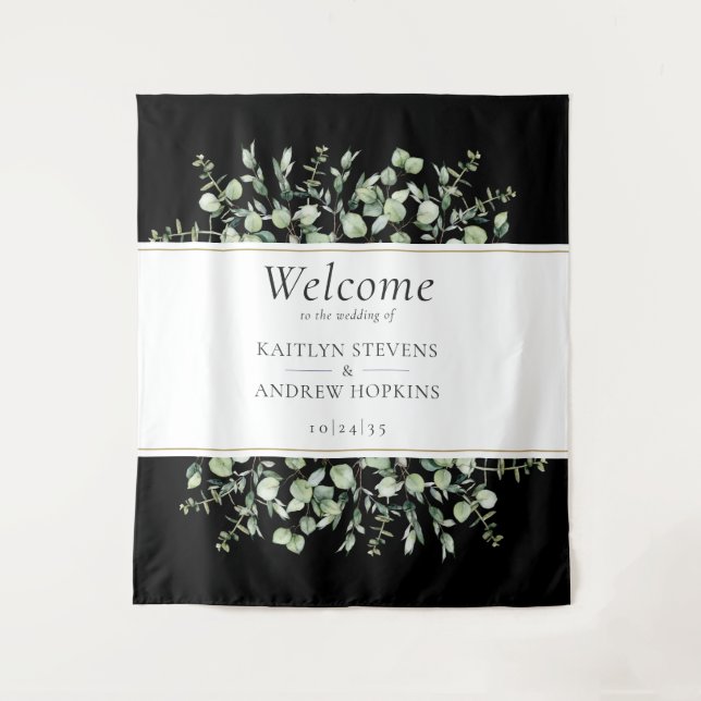 Tapete De Parede Boas-vindas ao Casamento Eucalyptus Negro (Frente)