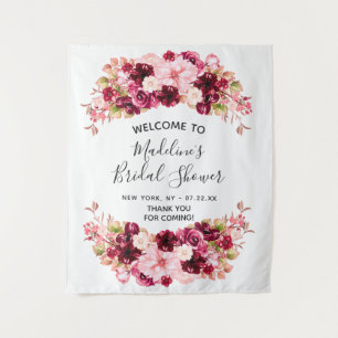 Tapete De Parede Boas-vindas ao Chá de Noiva Floral Rosa e Borgonha