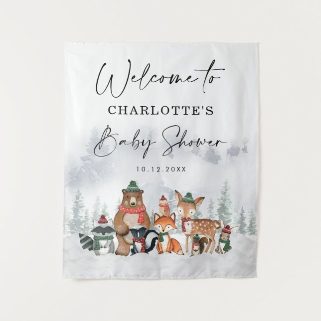 Tapete De Parede Boas-vindas Chá de Bebê Animais da Floresta de Inv (Frente)