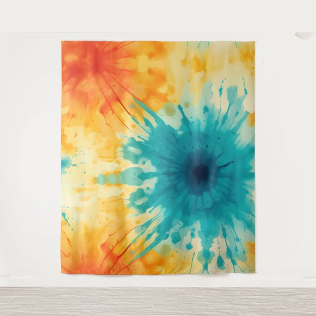 Tapete De Parede Boho Chic Yellow e Teal Tie Dye Design (Frente)