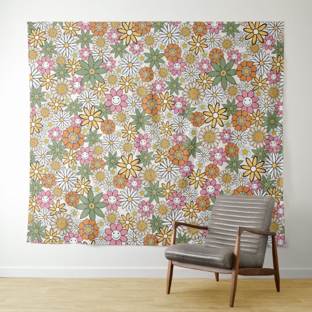 Tapete De Parede Boho Daisy Flowers 70s Groovy Floral (In Situ (Horizontal))