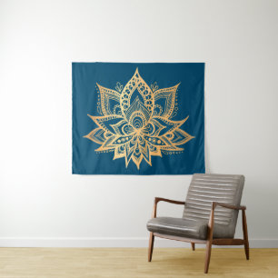 Tapete De Parede Boho Dourado Flor Lotus Mandala Azul