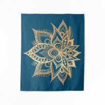 Boho Dourado Flor Lotus Mandala Azul