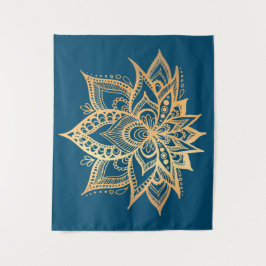 Tapete De Parede Boho Dourado Flor Lotus Mandala Azul
