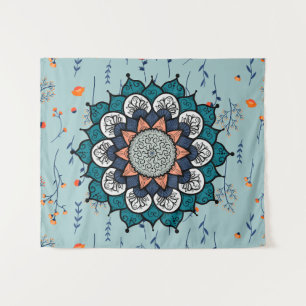 Tapete De Parede Boho Hippie Mandala com Flores Laranja