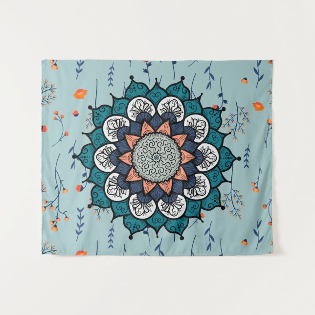 Tapete De Parede Boho Hippie Mandala com Flores Laranja (Frente (Horizontal))