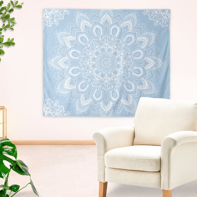 Tapete De Parede Boho Light Blue Mandala (Elegant Boho Tapestry with Light Blue Mandala Pattern)