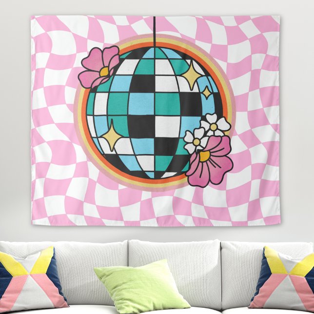 Tapete De Parede Bola de Discoteca Rosa Groovy Anos 60 Hippie Xadre (disco ball retro tapestry wall hanging, pink checkered print, 60s 70s hippie college dorm room decor)