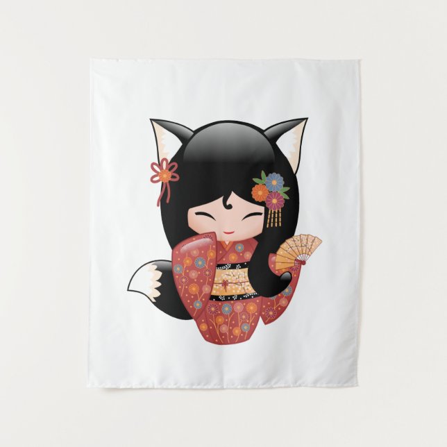 Tapete De Parede Boneca Kokeshi Kitsune - Garota Geisha Raposa Pret (Frente)