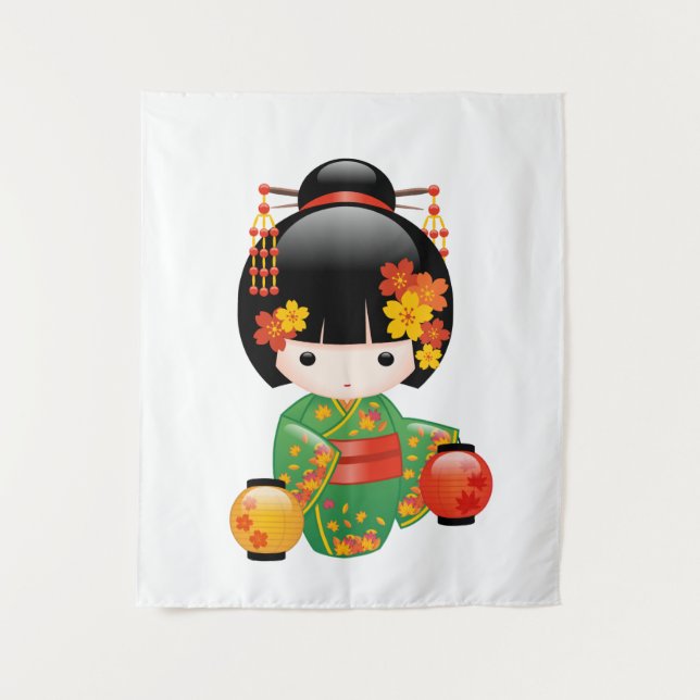 Tapete De Parede Boneca Kokeshi Outono - Garota Geisha Quimono Verd (Frente)