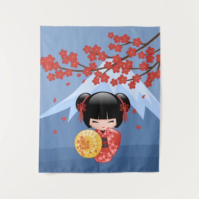 Tapete De Parede Boneca Kokeshi Sakura Vermelha - Geisha Japonesa F (Frente)