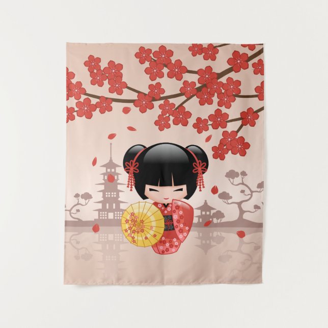Tapete De Parede Boneca Kokeshi Sakura Vermelha - Geisha Japonesa F (Frente)
