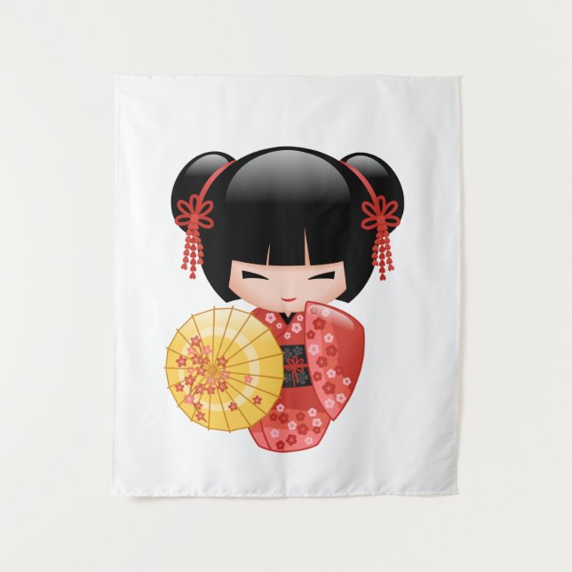 Tapete De Parede Boneca Kokeshi Sakura Vermelha - Geisha Japonesa F (Frente)