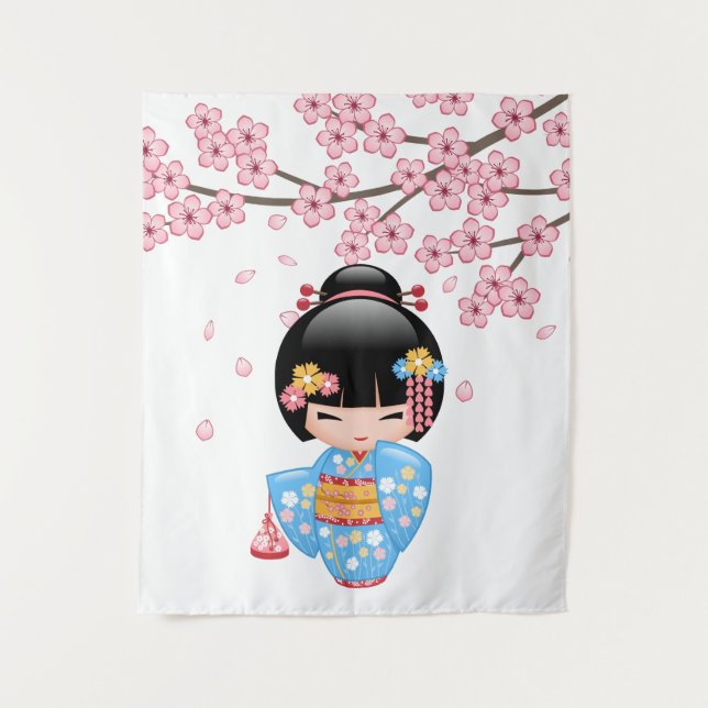 Tapete De Parede Boneca Maiko Kokeshi - Rapariga Kimono Geisha Azul (Frente)