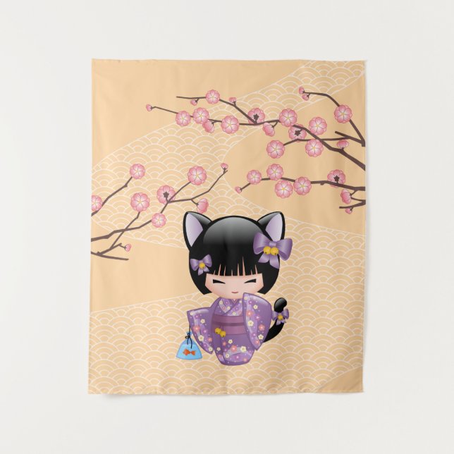 Tapete De Parede Boneca Neko Kokeshi - Garota Geisha com Orelhas de (Frente)