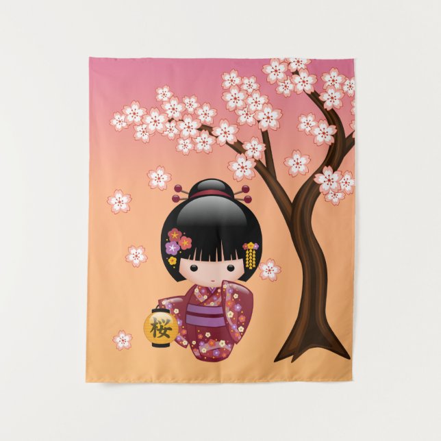 Tapete De Parede Boneca Sakura Kokeshi - Garota Geisha em Pêssego (Frente)