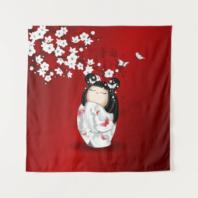 Tapete De Parede Bonecas Kokeshi Red Black White Cherry Blossoms (Frente)