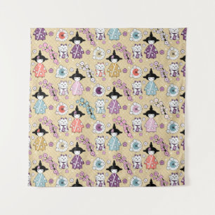 Tapete De Parede Bonecos Japoneses - Gatos Kokeshi e Maneki Neko