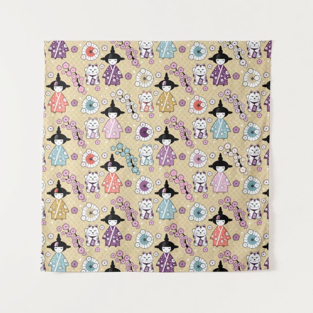 Tapete De Parede Bonecos Japoneses - Gatos Kokeshi e Maneki Neko (Frente)