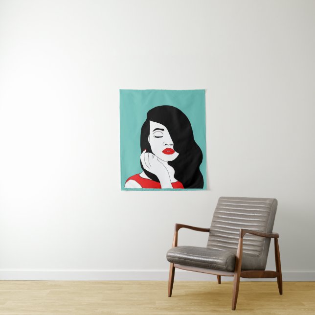 Tapete De Parede Bonito Cabelo Escuro, Mulher vermelha, batom Makeu (In Situ)