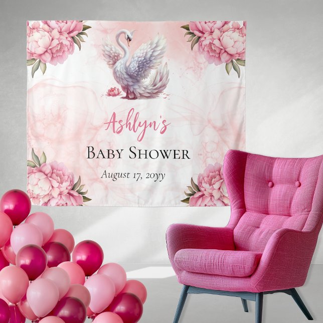 Tapete De Parede Bonito Chá de fraldas De Rapariga Floral Rosa-Rosa (Beautiful Swan Pink Floral Peonies Girl Baby Shower Backdrop Tapestry)