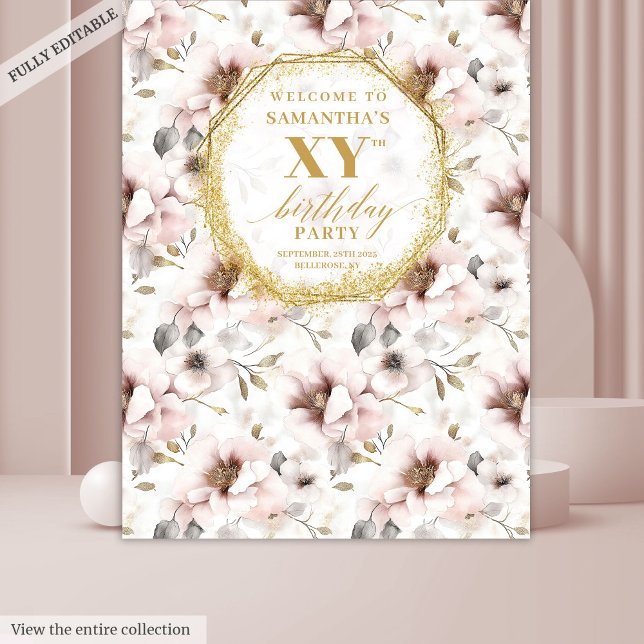 Tapete De Parede Booth de Fotos de Aniversário com Flores Bege Chic (Chic Blush Floral Ivory Gold Birthday Photo Booth Tapestry)
