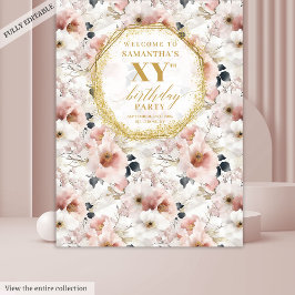 Tapete De Parede Booth de Fotos de Aniversário com Flores Rosa Poei