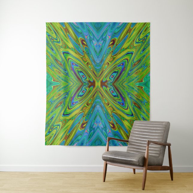 Tapete De Parede Borboleta Abstrata Chartreuse e Azul Trippy (In Situ)