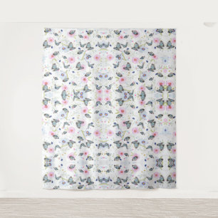 Tapete De Parede Borboleta Azul e Floral Rosa em Aquarela Vintage