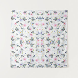 Tapete De Parede Borboleta Azul e Floral Rosa em Aquarela Vintage