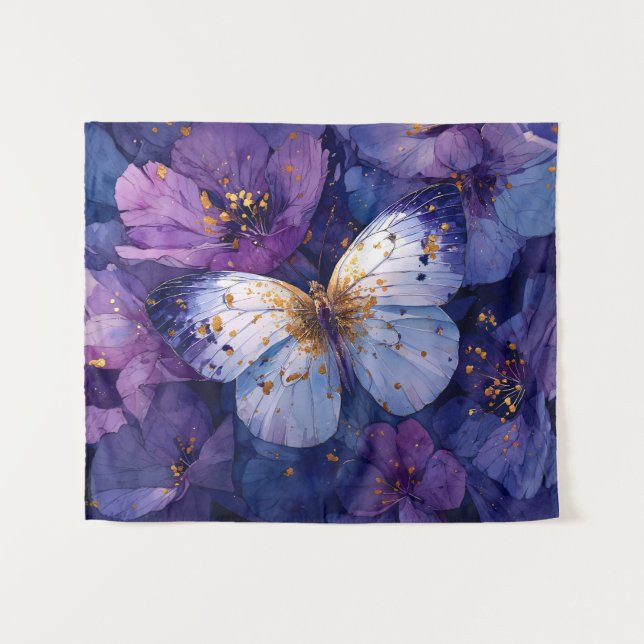Tapete De Parede Borboleta Azul em Flores Roxas (Frente (Horizontal))
