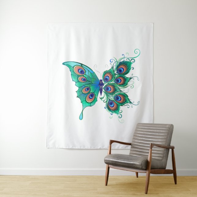 Tapete De Parede Borboleta com Penas de Pavão Verde (In Situ)