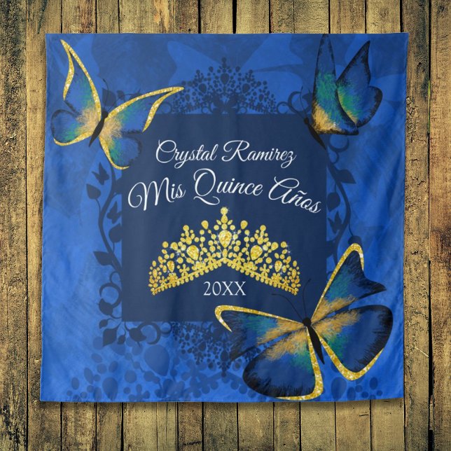 Tapete De Parede Borboleta Dourada Azul, Fundo para Festa de 15 Ano (blue gold party drape tapestry quinceanera mis quince anos wall sign banner welcome to quinceanera)