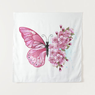 Tapete De Parede Borboleta Flor com Sakura Rosa