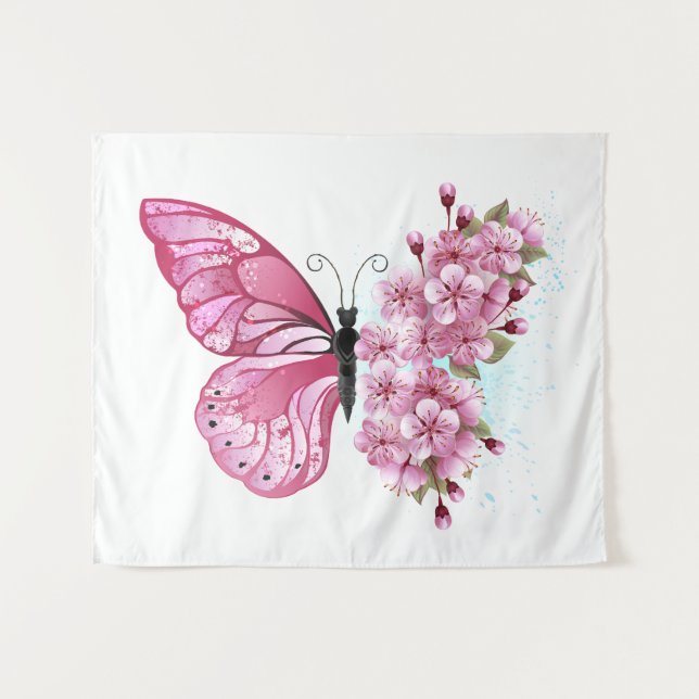 Tapete De Parede Borboleta Flor com Sakura Rosa (Frente (Horizontal))