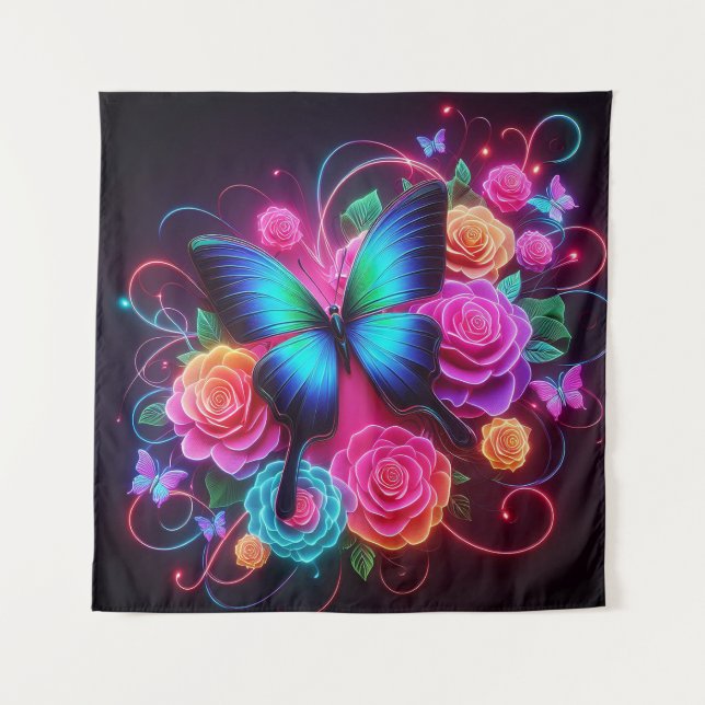 Tapete De Parede Borboleta Neon & Rosas (Frente)