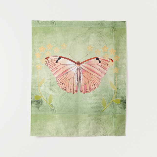 Tapete De Parede Borboleta rosa sobre fundo verde (Frente)