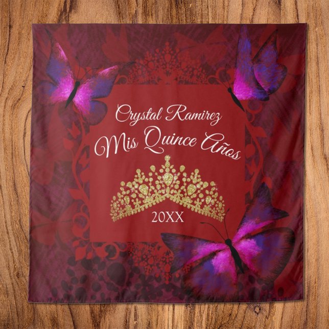 Tapete De Parede Borboleta Vermelha, Tiara Dourada Fundo de Quincea (Red pink butterflies quinceanera tapestry wall drape, gold tiara crown, red mis quince)