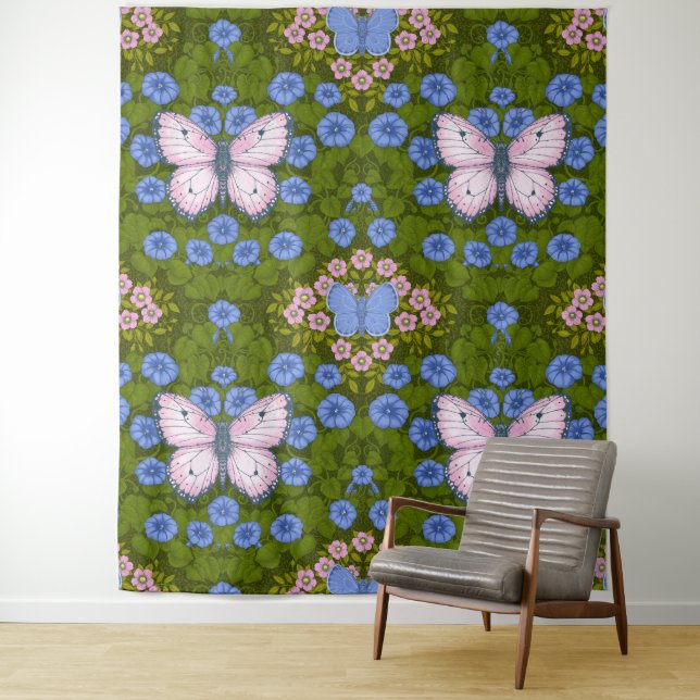 Tapete De Parede Borboletas e flores simetria, azul e rosa (In Situ)