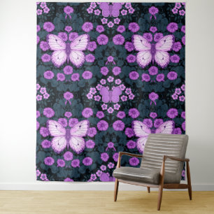 Tapete De Parede Borboletas e simetria das flores, violeta e azul