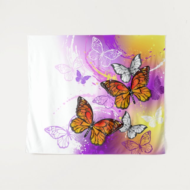 Tapete De Parede Borboletas Monarcas em Fundo Roxo (Frente (Horizontal))