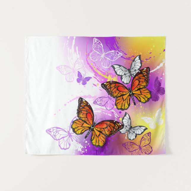 Tapete De Parede Borboletas Monarcas em Fundo Roxo (Frente (Horizontal))