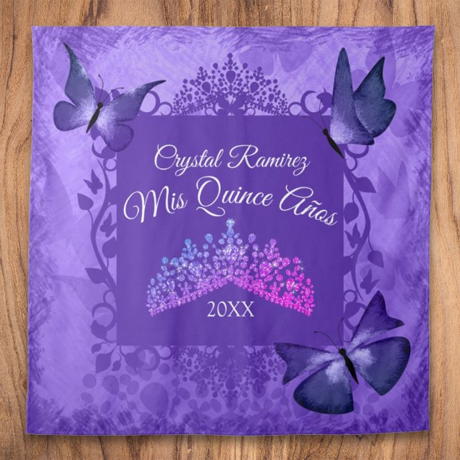 Tapete De Parede Borboletas Roxas, Tiara Fundo para Festa de Quince (purple quinceanera party backdrop back drop drape tapestry tiara crown welcome quince sign banner)