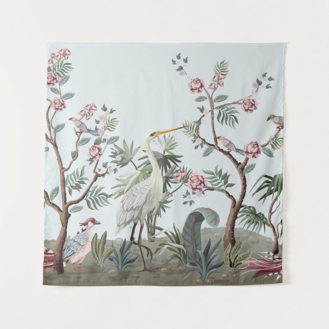 Tapete De Parede Border in chinoiserie style with storks and peonie (Frente)