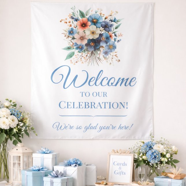 Tapete De Parede Bridal Shower Welcome Sign Blue Floral Event Sign (Criador carregado)