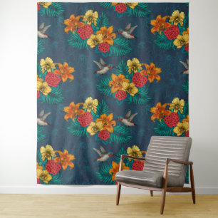 Tapete De Parede Buquês tropicais e beija-flores