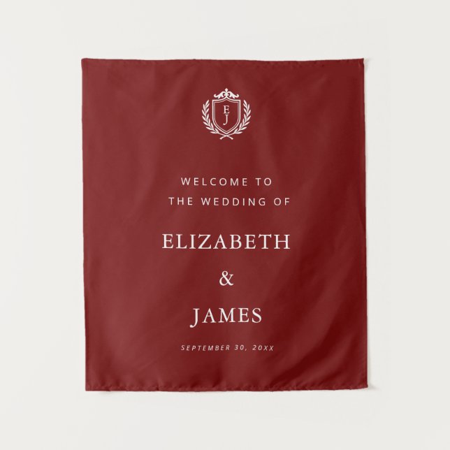 Tapete De Parede Burgundy Crest Wedding Welcome, Custom Initials (Frente)