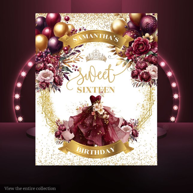 Tapete De Parede Burgundy Dress Doce Dezesseis Backdrop Dourado Spa (Burgundy Dress Sweet Sixteen Backdrop Gold Sparkle)