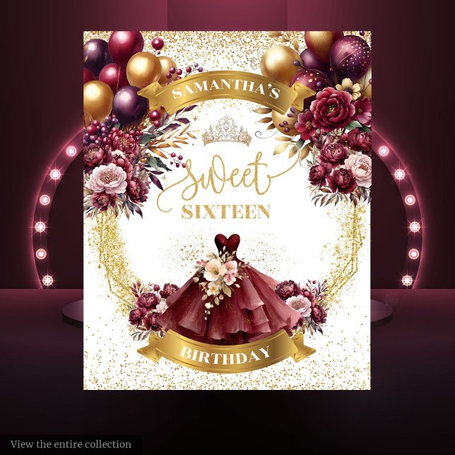 Tapete De Parede Burgundy, Elegante, Vestido Doce Dezesseis Lâminas (Elegant Burgundy Dress Sweet Sixteen Backdrop Glam)